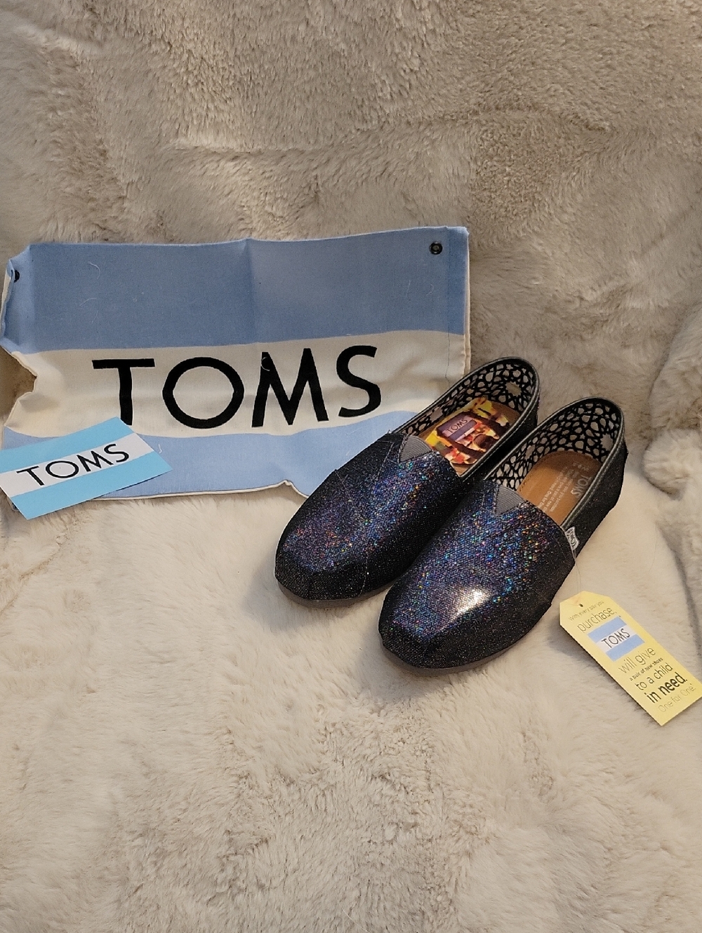 Toms Women’s Black Holographic Glitter Slip-On Loafers